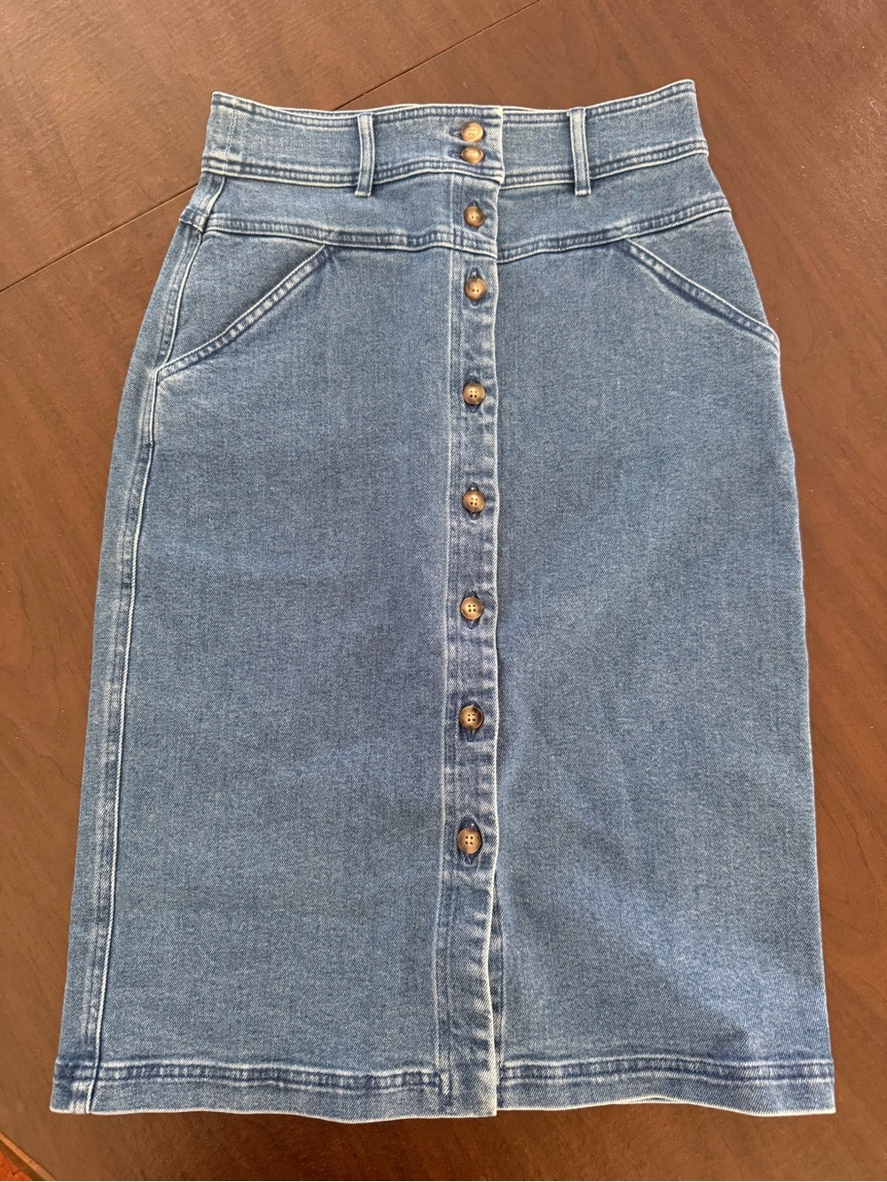 Sezane Light Blue Button-Front Denim Midi Skirt